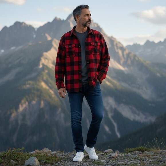 Eddie Bauer Mens TXL Red Buffalo Plaid Flannel Fleece Shirt Outdoor Lumberjack - Picture 1 of 16